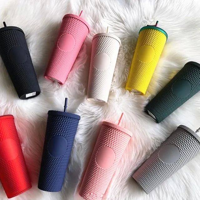 

2021 double wall plastic matte tumbler straw studded red black cup with studs, Customized colors acceptable