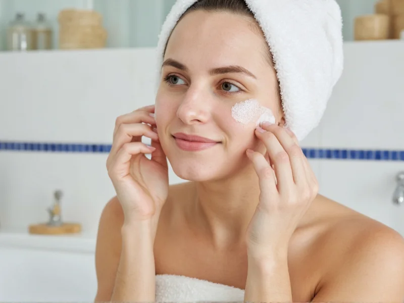 Woman applying natural face scrub in bathroom