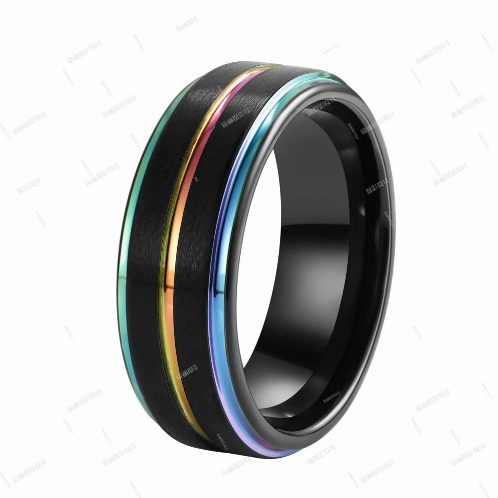 

Poya 8mm Polished Edge Rainbow Grooved Line Matte Gold Silver Black Tungsten Ring For Men, Customized color