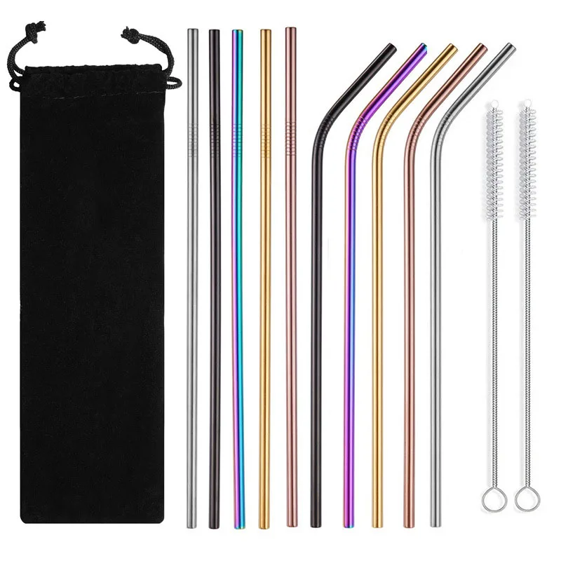 

12pack Reusable drinking Straws Standard Size 304 colored Stainless Steel Straw set with Cleaning Brush and Case, Colored, solid