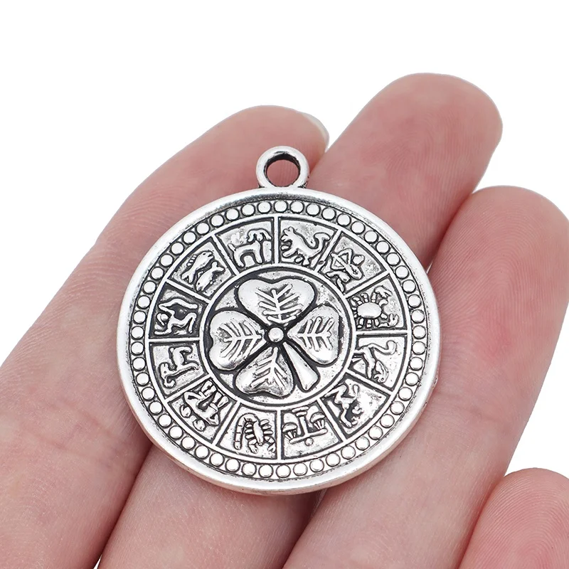 

Antique Silver Lucky Clover Tetragrammaton Pentacle Round Charms Pendants for Necklace Jewelry Making 35mm