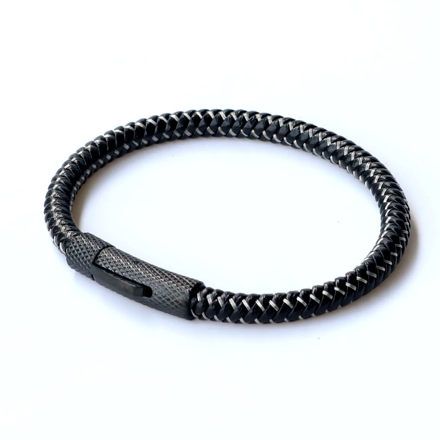 

AFXSION Amazon hot selling jewelry simple braided leather cord bracelet stainless steel charm buckle leather bracelet for men, Picture