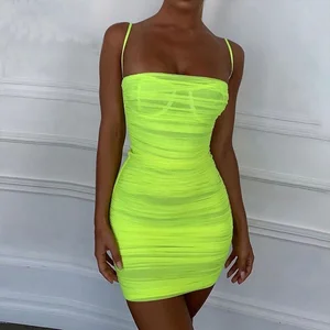 Hot Mesh Summer Dress 2019 Women Spaghetti Straps Bodycon Ruched Dress Woman Party Night Club Dress Sexy Robe