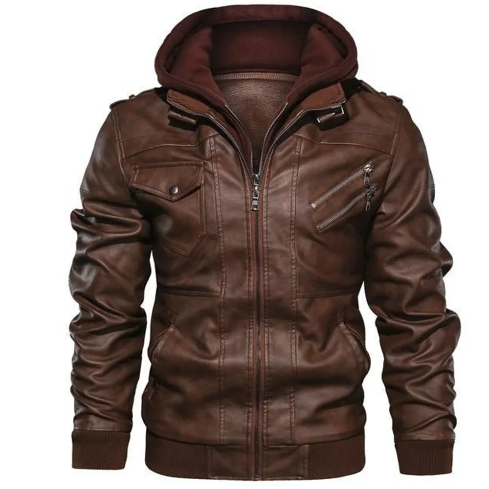 

LEVEL 2907 Wholesale Custom Men Lather Faux Leather Coats Lederjacke With Removeable Hood Jaquetas masculinas, 2 colors