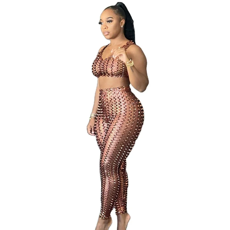 

KMX179 Sexy Female Clothing Hole Women Two Piece Set Sleeveless Skinny Workout Set Crop Top High Waist Skinny Pant Women Set