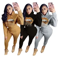 

aliexpress hot sale fashion lip sequin hoodie women's clothing two piece set 2019