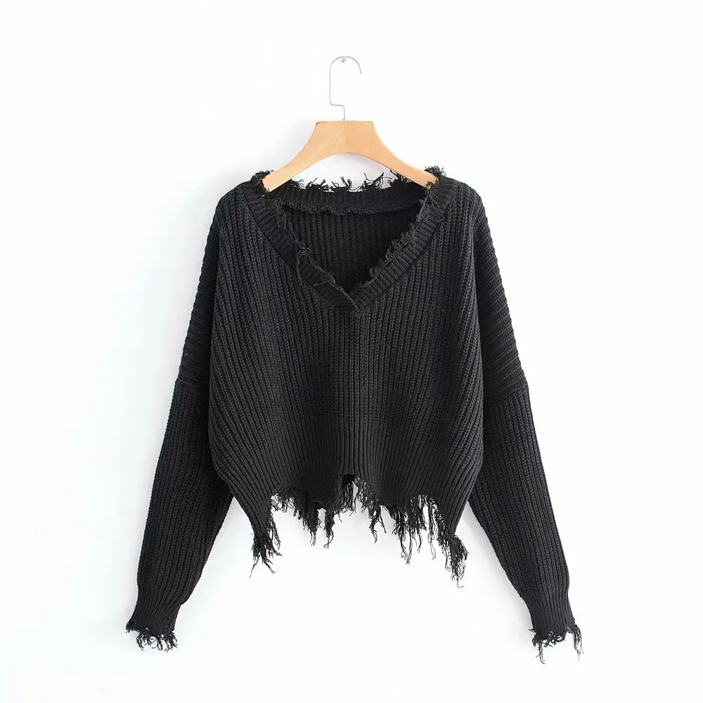 

2021 New Style Winter Solid Color Long Sleeve Women Distressed Sweater Oversize