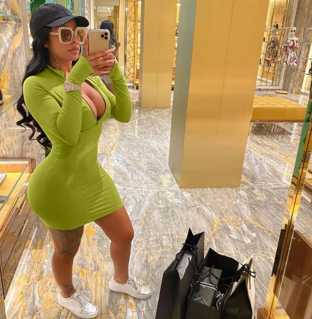 

European and American women's casual dress sexy print zipper tight plus size dress, Picture color