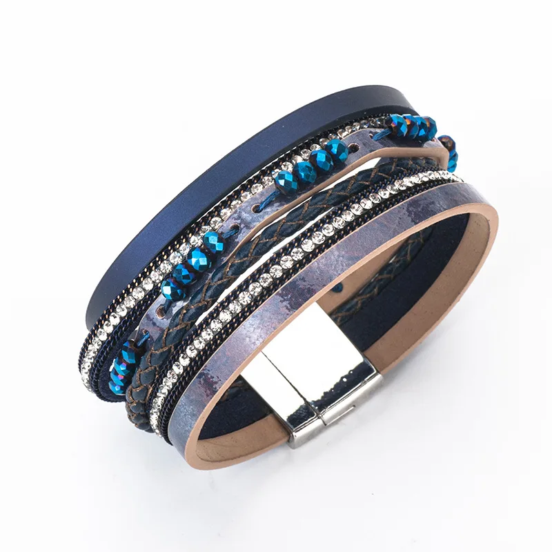

New Stacking Magnetic Clasp Leather Inlaid Rhinestone Seed Beads Cuff Bangle Bracelets Boho Multilayer Wrap Leather Bracelets