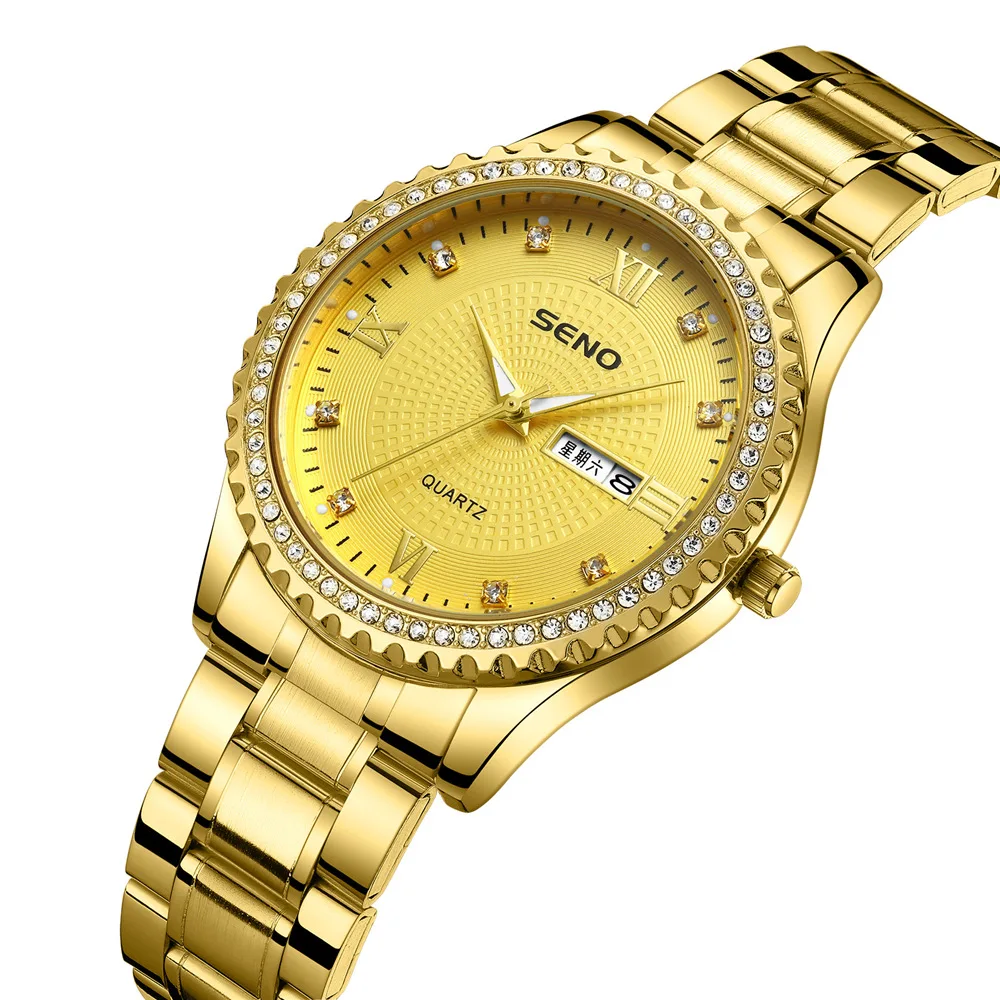 

Seno chenuo gold watch men's fashion diamond dial luminous hands dual calendar