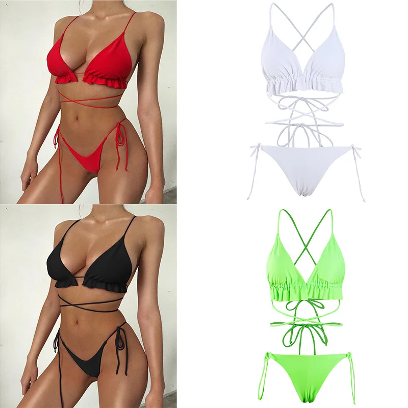 

2021 Summer Hot Selling Ruffle Triangle String Bikini 2-piece Set Bikini Sexy, Customized color