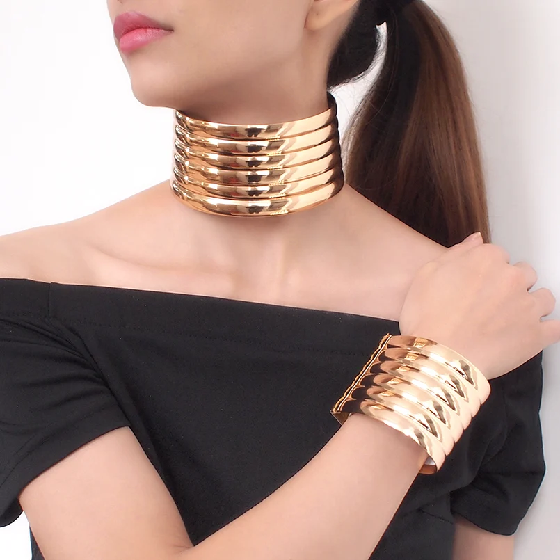 

2020 Africa Choker Necklace Set Punk Statement Cuff Bracelets For Women Gold Plated Indian Jewelry Sets Collars, Gold, silver