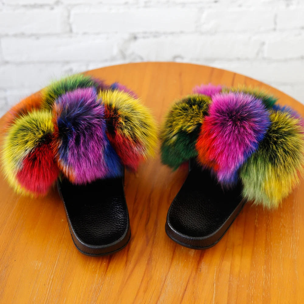 

China Manufacturer Wholesale Custom High End Women Luxury Fluffy Fox Fur Slides