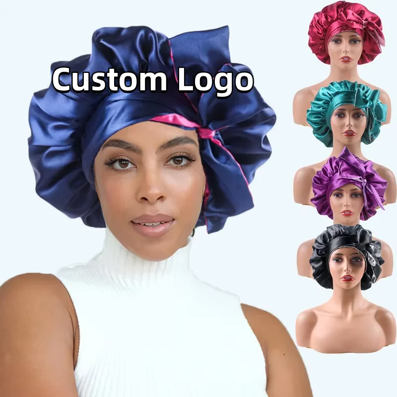 High Quality Night Sleep Cap Women Hair Double Layer Reversible Silk En Satin Bonnets With Head Wrap Tie Band