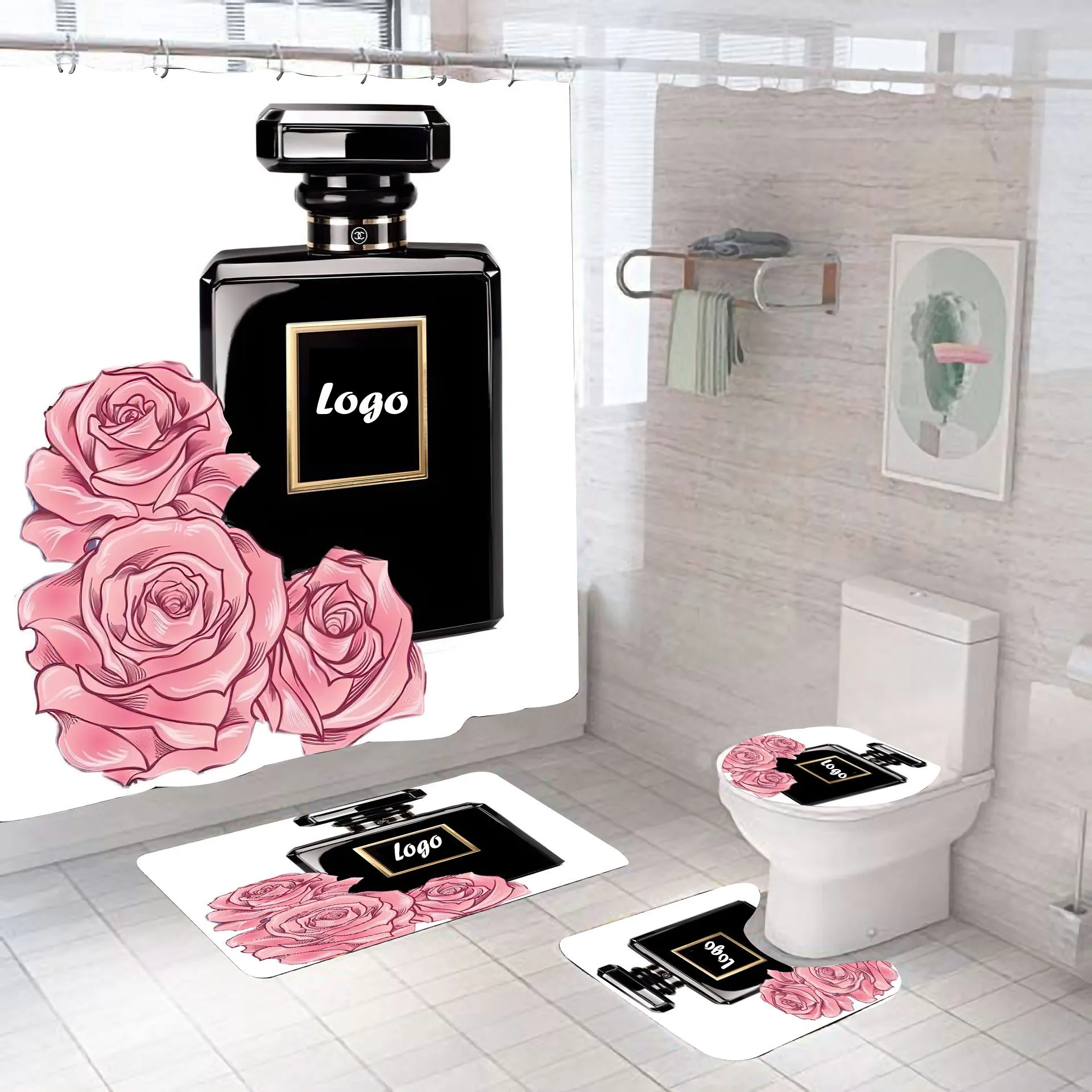 

Perfume Digital Printing Designer Luxury Logo Bathroom Fashion Name Brand Shower Curtains and Mats