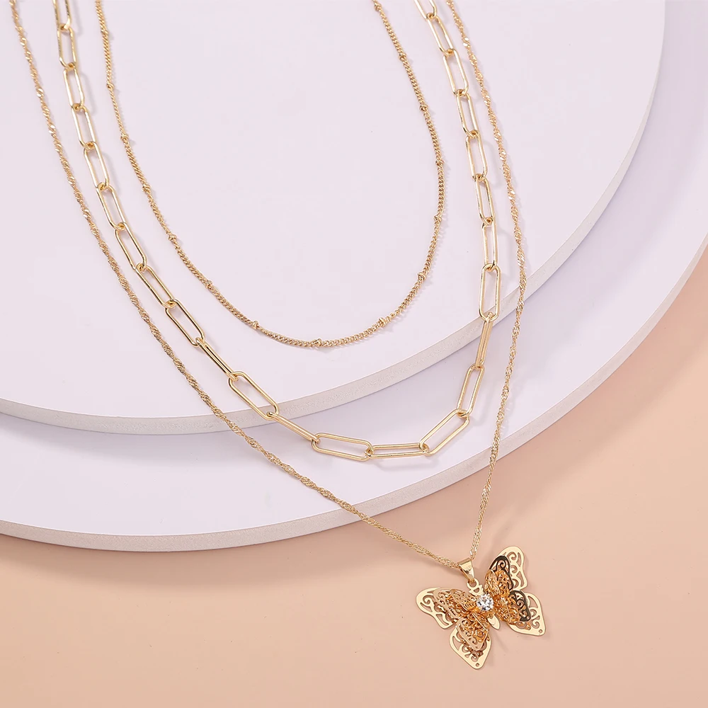 

New Release Detachable Wear Design Butterfly Gold Filled Layered Necklace Woman Jewelry