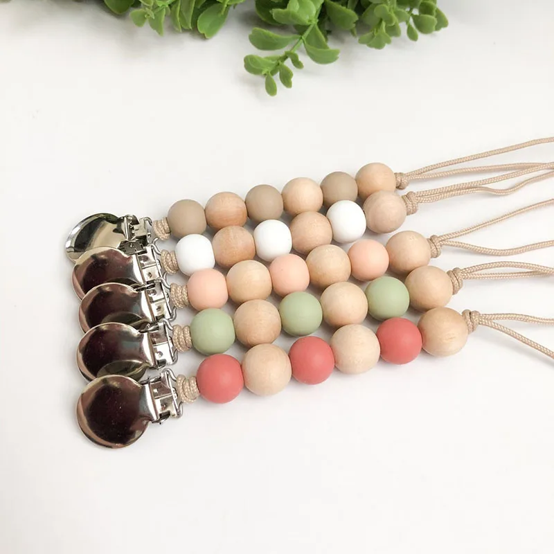 

Newborn Baby Silicone Wooden Baby Holder Clip Dummy Clips Infant Teething Pacifier Clips