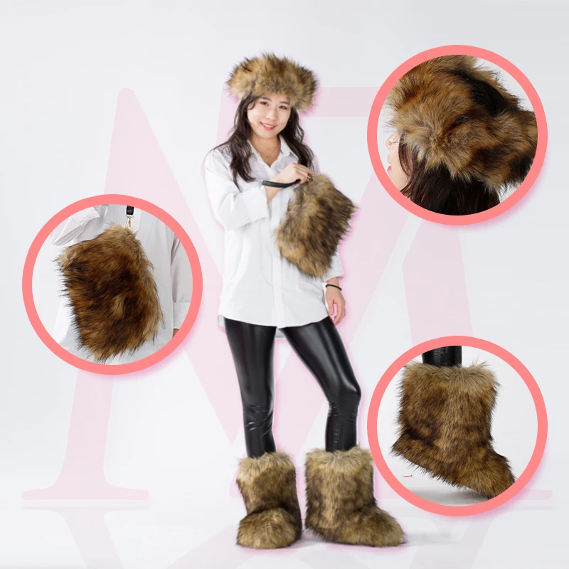 

wholesale colorful faux and real fluffy big long tall fox fur boots sets matching with purse bags headband for ladies women, Mixed color
