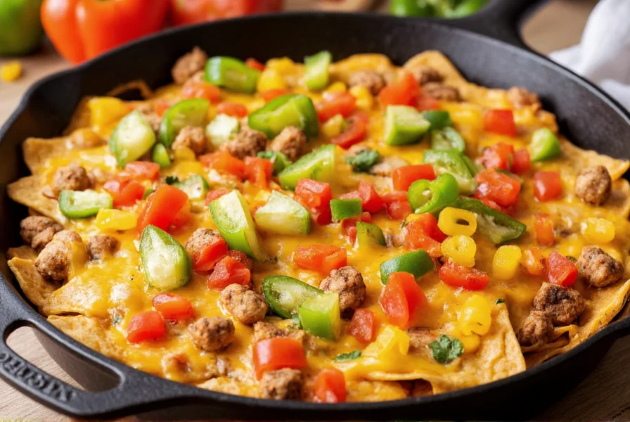Perfectly layered pepper nachos with melted cheese and colorful peppers in cast iron skillet