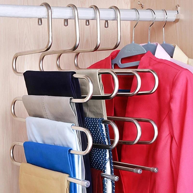 

5 layers Stainless Steel Clothes Hangers S Shape Pants Storage Hangers Clothes Storage Rack Multilayer Storage Cloth Hanger, 3colors