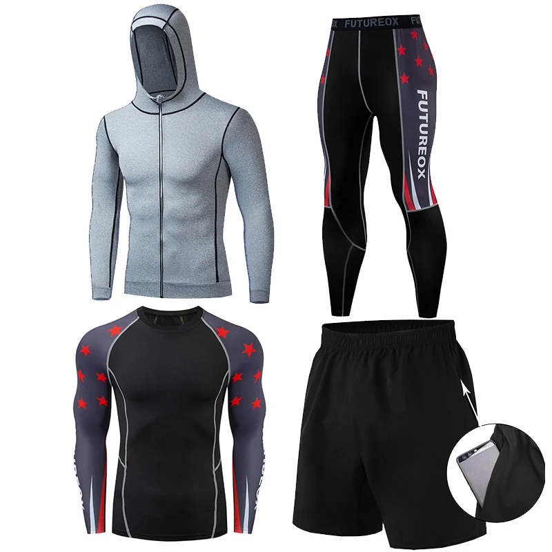 

Hot Slae Quick-drying Compression Fitness Sport Suit For Men Gym Skinny Wear 4pcs Set