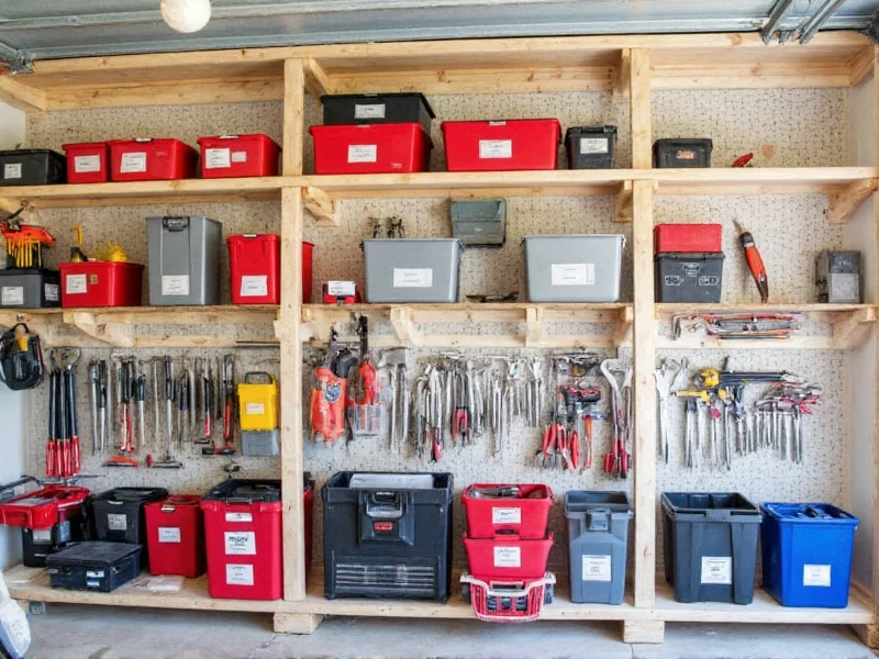 DIY garage shelves holding tools and bins with clear weight labels