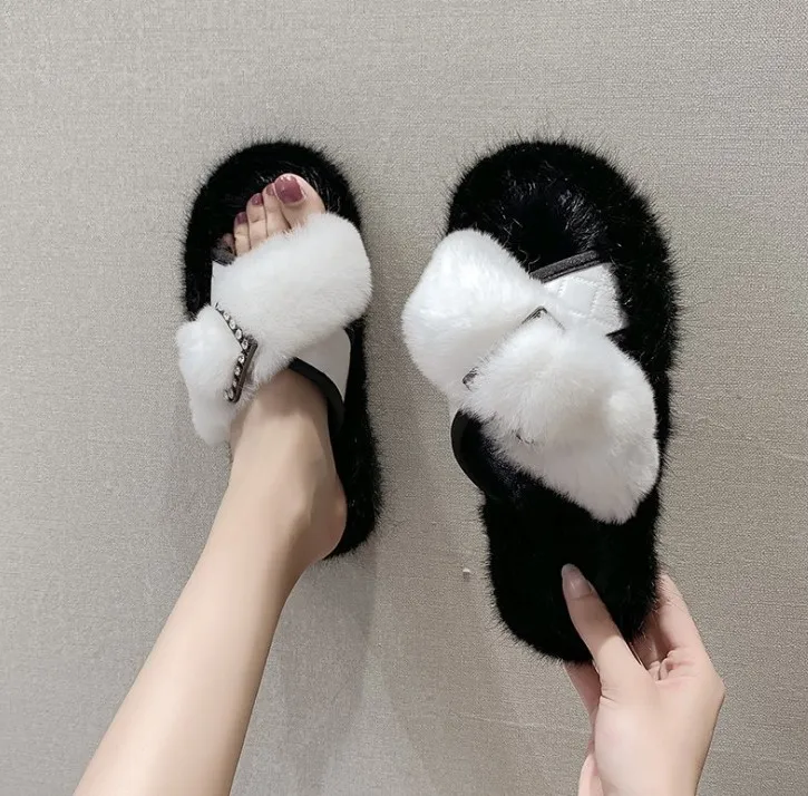 

Outdoor Slipper New Winter Velvet Rabbit women's Further slippers Flats casual Shoes Girls Fashionable Mueller Shoes For Women, White, black
