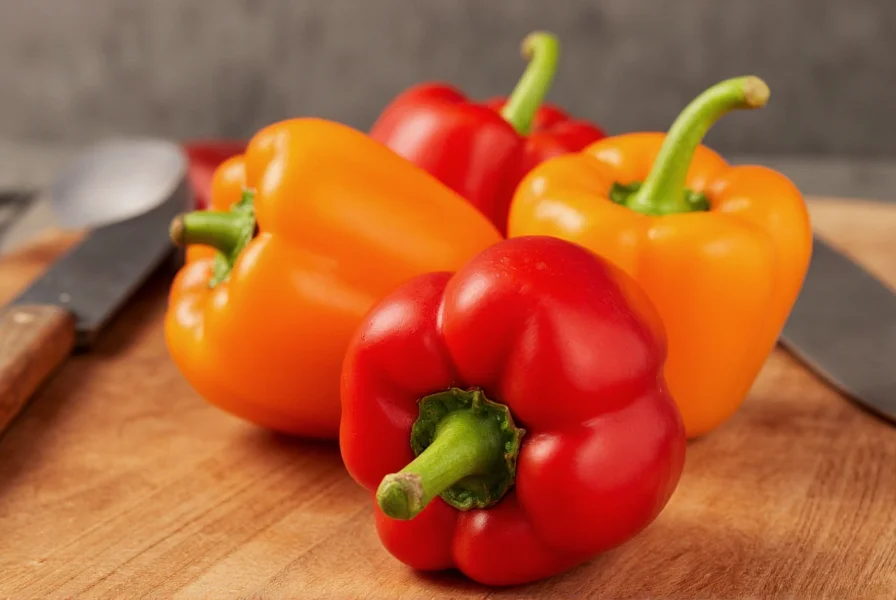 Close-up view of vibrant red and orange bonnet peppers on a wooden cutting board with cooking utensils