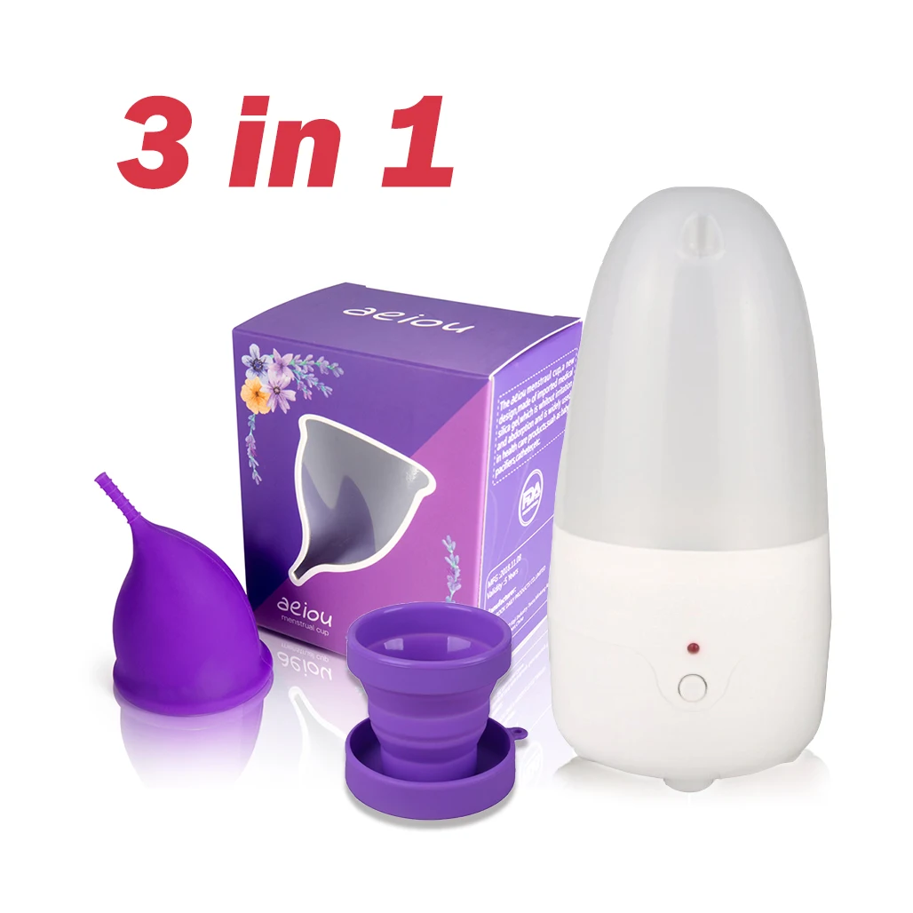 

Cheap Hot Sales All Sizes New Design Medical Grade Silicone Ladies Menstrual Cup and Steriliser Kit Set, Pink / purple