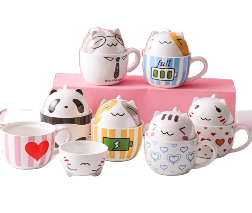 

Cartoon Cute 3D Mugs Large Milk handle coffee tea stoneware cat mug ceramic with dessert lid, Like the pictures coffee mug