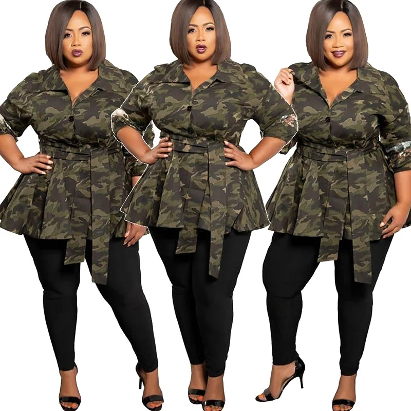 

Oversize Long coat woven camouflage and sequin umbrella skirt with belt European and American plus size women jacket