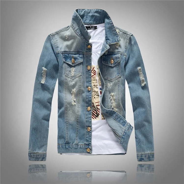 

Ripped Washed Men's Denim Jacket Male Stylish Simple Light Blue Jacket