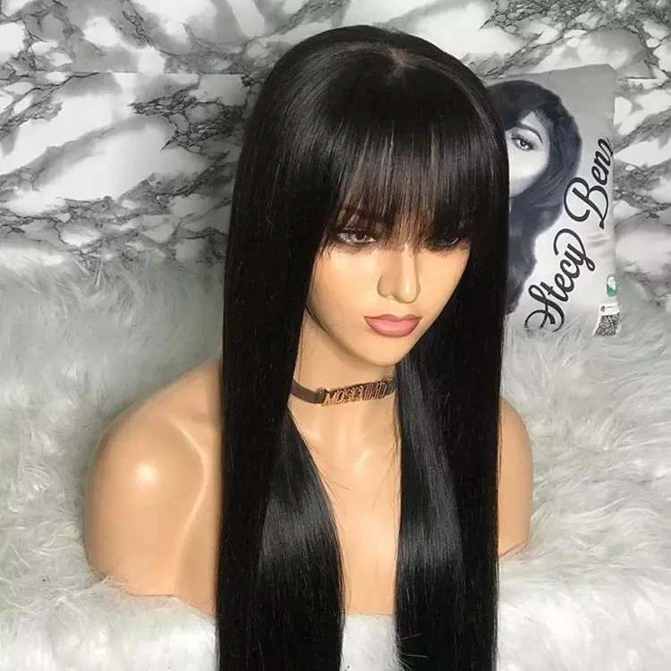 

Cheap 100% Human Hair Wig With Bangs Short Bob Human Hair Wigs For Black Women Cheap Brazilian Straight Black Long Fringe Wig