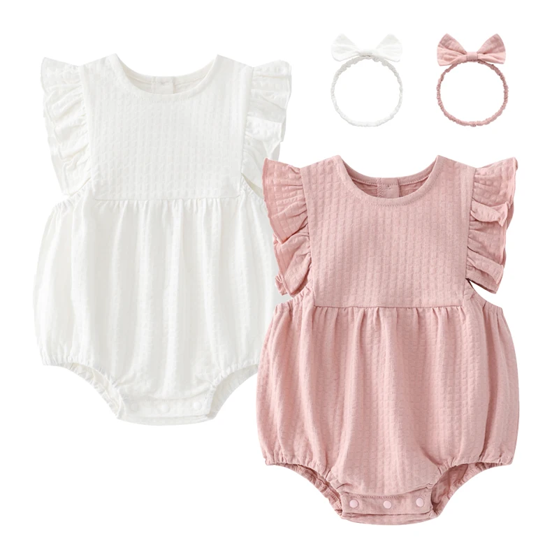 

2022 baju baby summer Princess Style New Flying Sleeveless Baby Girls Cotton Clothes Rompers with Free Hairbands, Creamy floral
