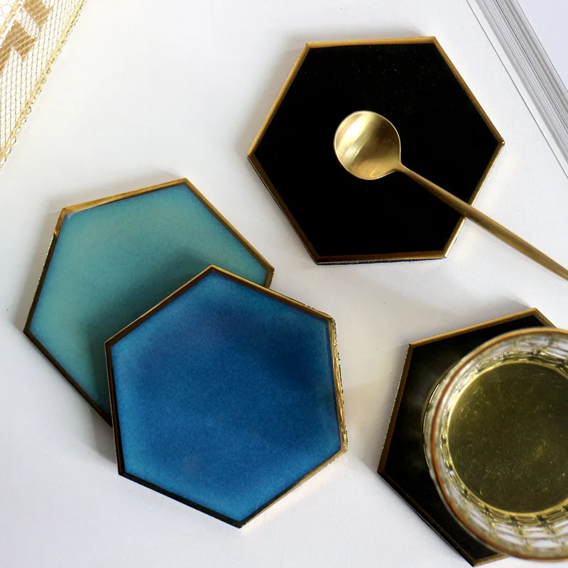 

10cm High Quality Hexagonal Ceramic Coaster Tableware Cup Mat Creative Non-slip Candle Teacup Mug mat, Black,green,blue