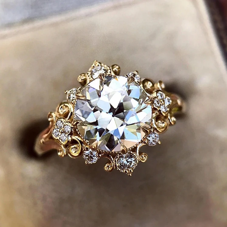 

CAOSHI Noble Beautiful Carved Rings Women Girls Shiny Round Zircon Rings Gold Flower Luxury Vintage Rings Women