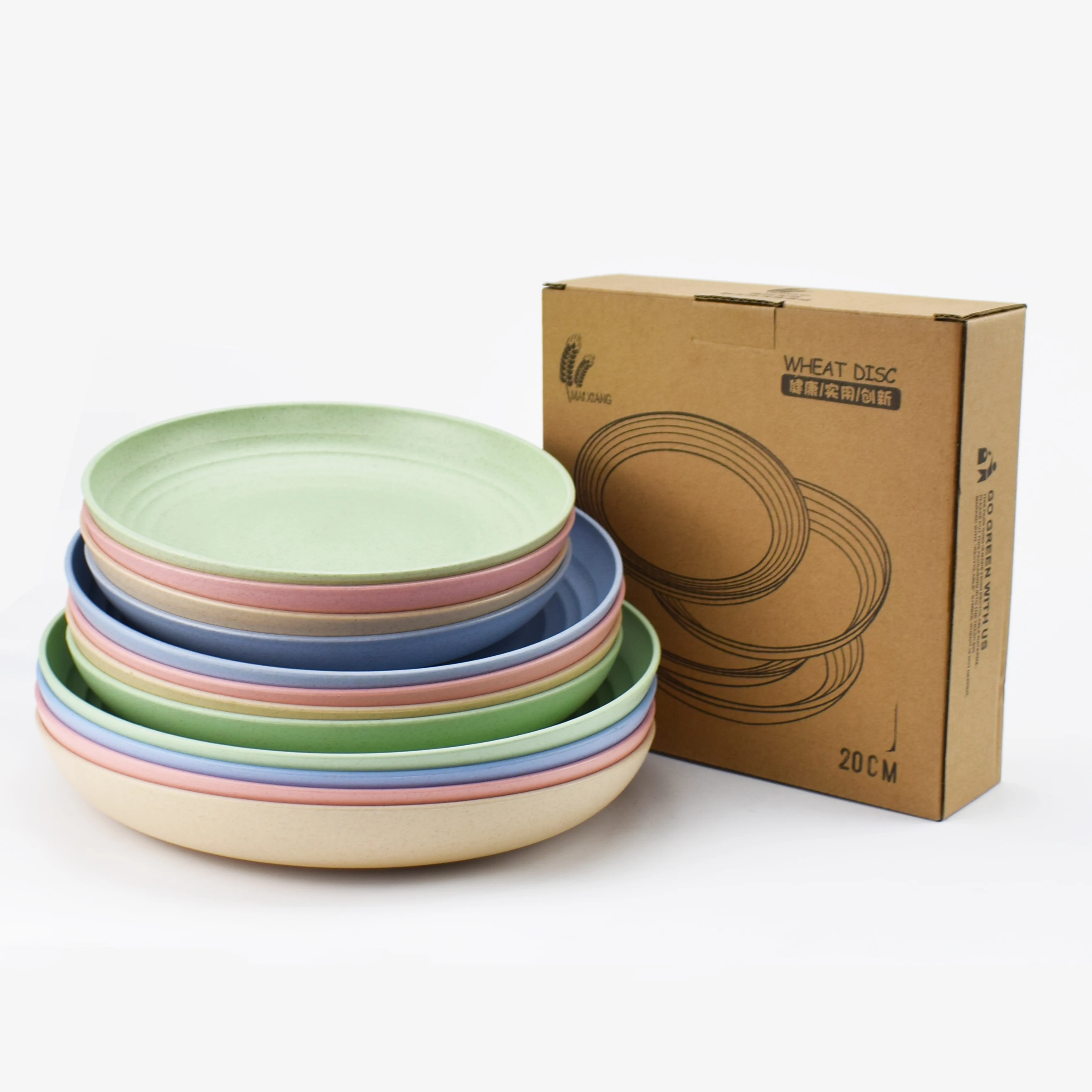 

Wholesale recyclable nordic style colorful food plastic dish set cheap elegant party round biodegradable wheat plastic plate