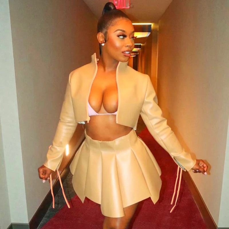 

Fall Clothes Matching Outfits Streetwear Club Nude Long Sleeve Zipper Jacket Leather Pleated skirt Women Two Piece Set Skirts, 3 colors