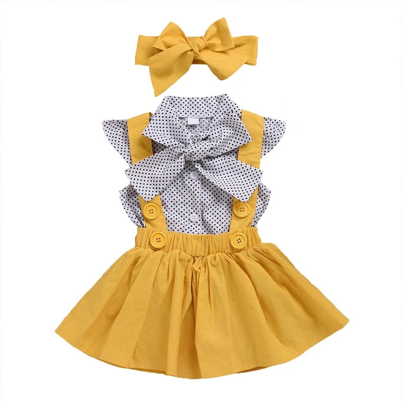 

Baby Clothes Outfits 3 Colors Girls Dot Print Shirts Suspender Skirts Bow Headband 3Pcs Boutique Toddler Clothes For Summer M198