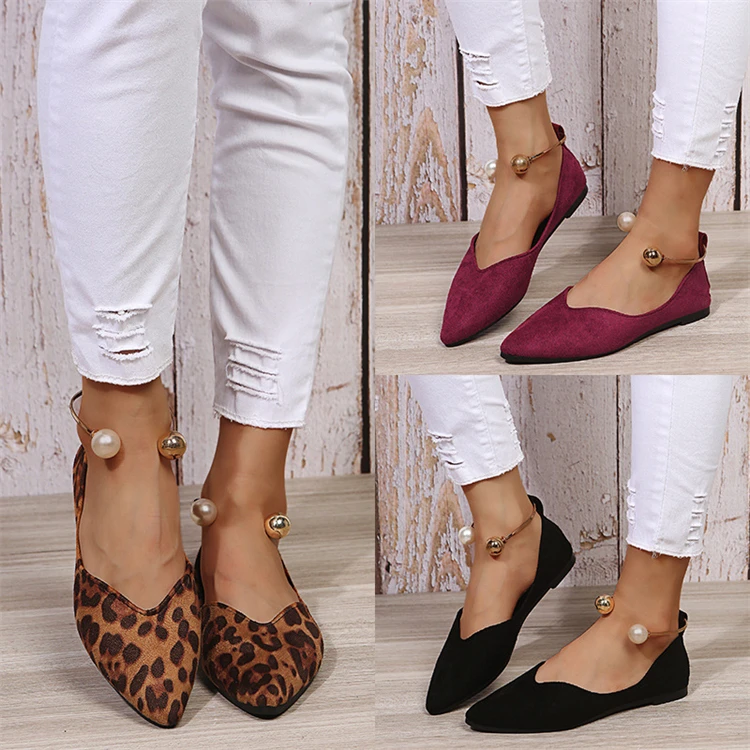 

2022 Spring Shallow Mouth Suede Flat Leopard Print Pearl Large Size Single Shoes Women'S Shoes