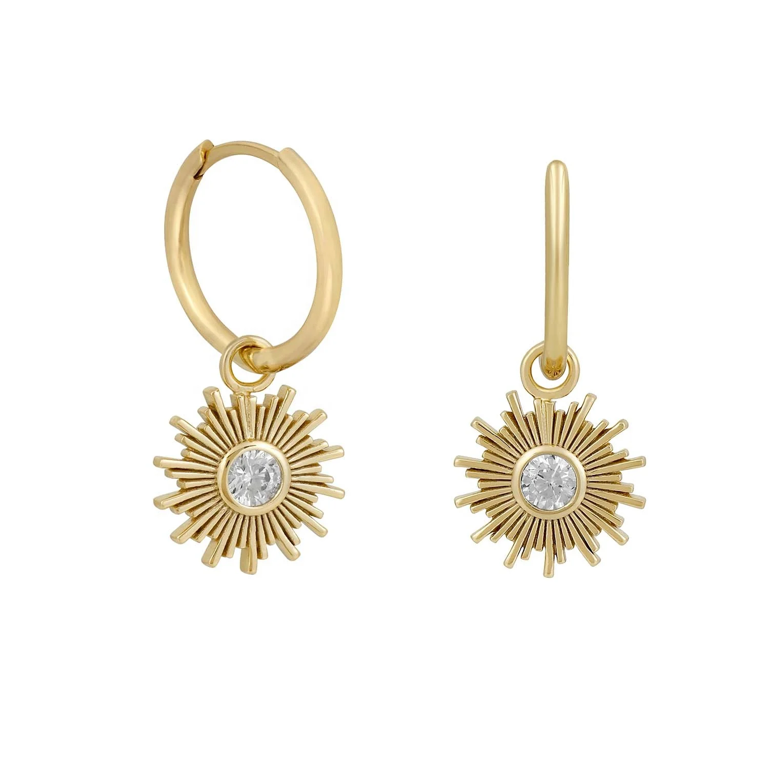 

925 Sterling Silver High Quality Bezel Cubic Zirconia Sun Charm Hoop Earring