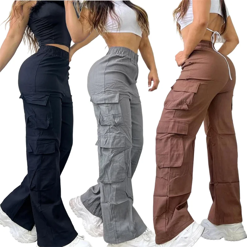 Top Quality Women Multi Pockets High Waisted Solid Casual Wear Comfortable Cargo Pants Trousers for Women