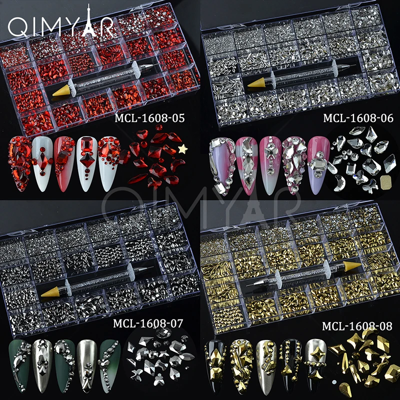 

High quality wholesale Nail rhinestone kit 3d flat back luminous ab/red/ white crystal stones mix size for nail art, Colored