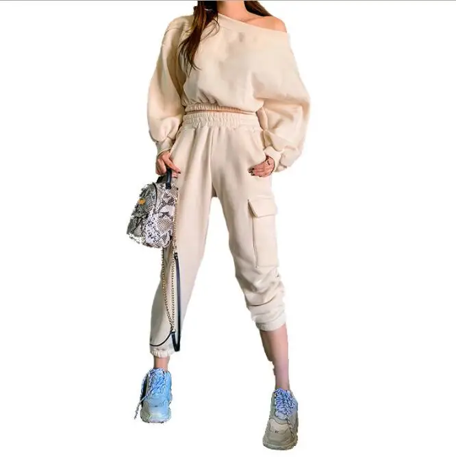 

2022 spring fashion new ladies terry collar loose long trousers jogging suit, Custom