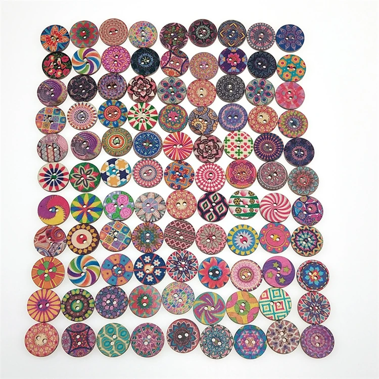 

Wholesale In Stock 100 PCS Vintage Flower Painting Mixed Random Colors Wooden Buttons Round Wood Button With 2 Holes