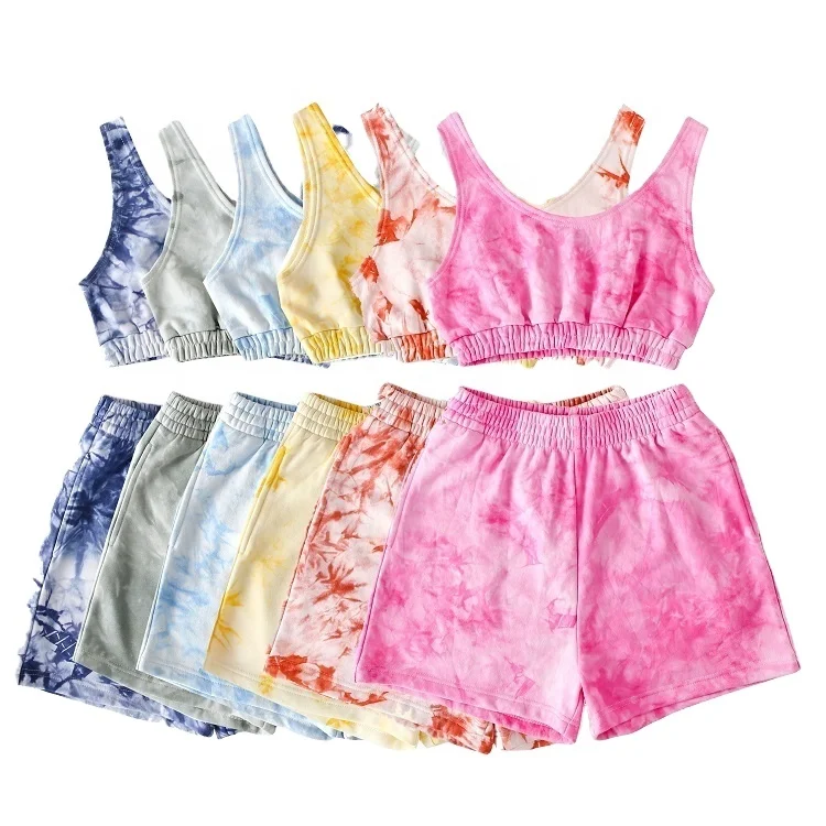 

trending products 2021 summer new arrivals two piece set cotton women clothing tie dye crop top shorts set