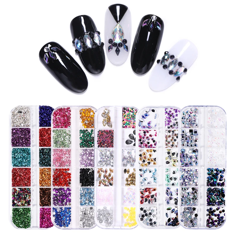 

12 Grids Colorful Crystal Nail Art Rhinestones Acrylic Nail Stones Beads Studs Flat Back Shiny Tips 3D Nails Art Decorations