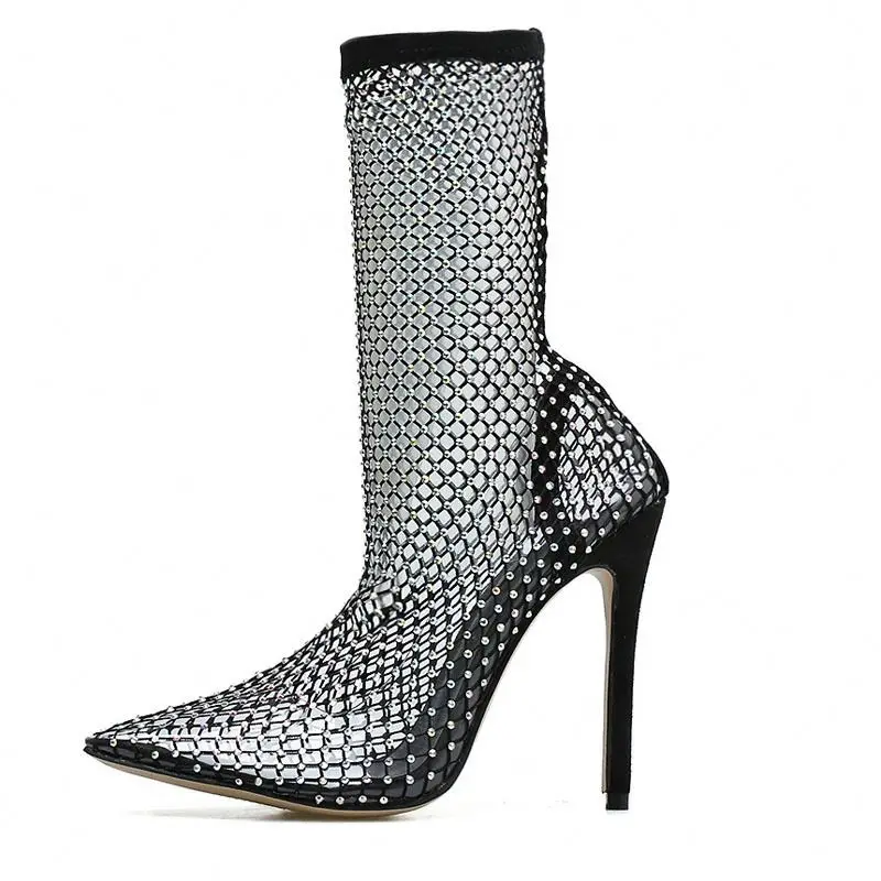 

New style luxury ladies party sexy diamond thin high heels long ankle dress women heels shoes, Black
