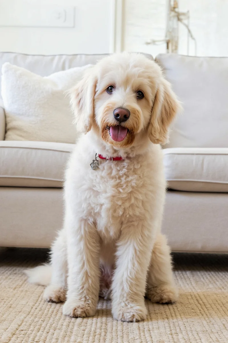 A golden retriever lounging comfortably on a light gray, pet-friendly sofa with durable fabric and neutral tones