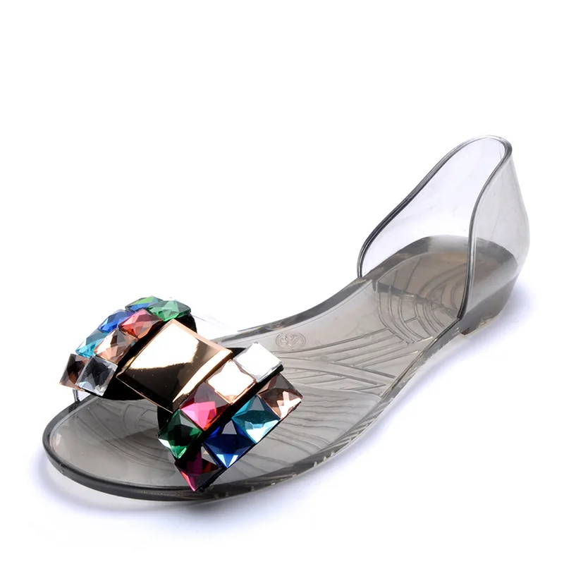 

Hot selling summer transparent crystal shoes fish mouth jelly shoes rhinestone flat bottom open toe beach shoes, As the picture show